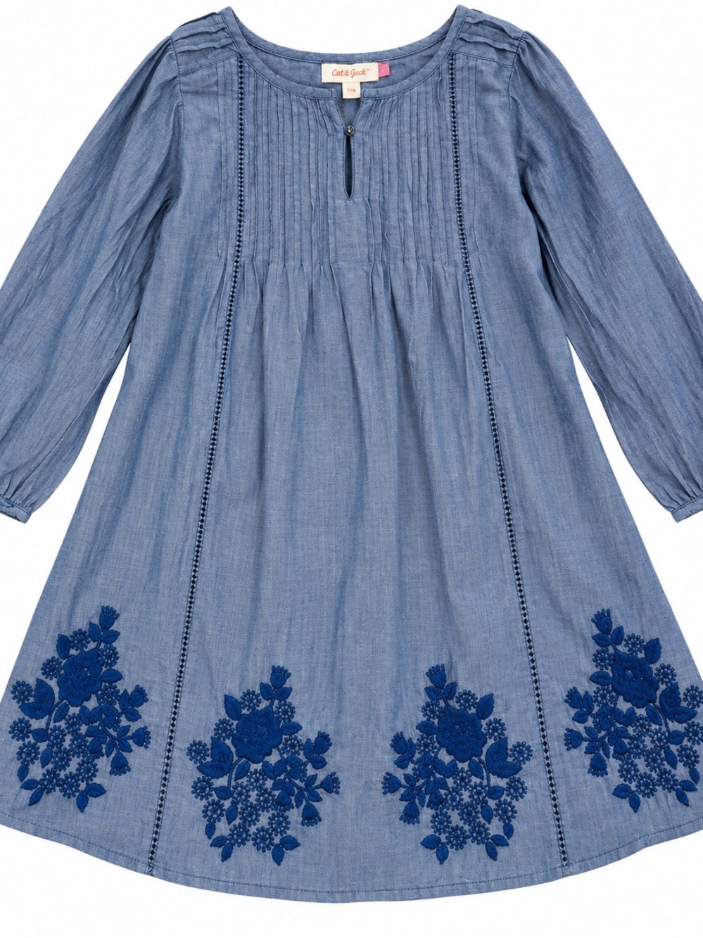 Pink Chicken Blue Embroidered Chambray Girls' Dress